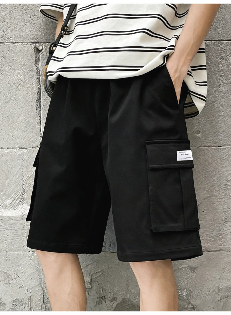 Men's Black Casual Cargo Shorts Elastic Waist Drawstring Relaxed Fit Half Pants with Pockets - Image 1